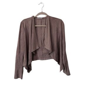 Dalia Tan Brown Asymmetrical Cropped Waterfall Faux Suede Open Front Cardigan S